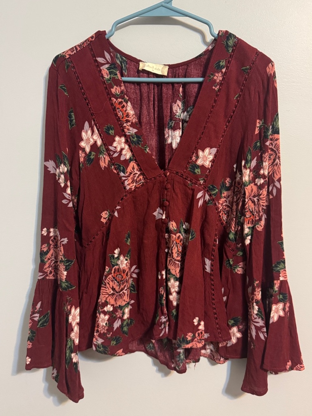 Altar’d State Boho Cottage Core Floral V-Neck Blouse - Burgundy Women’s Medium